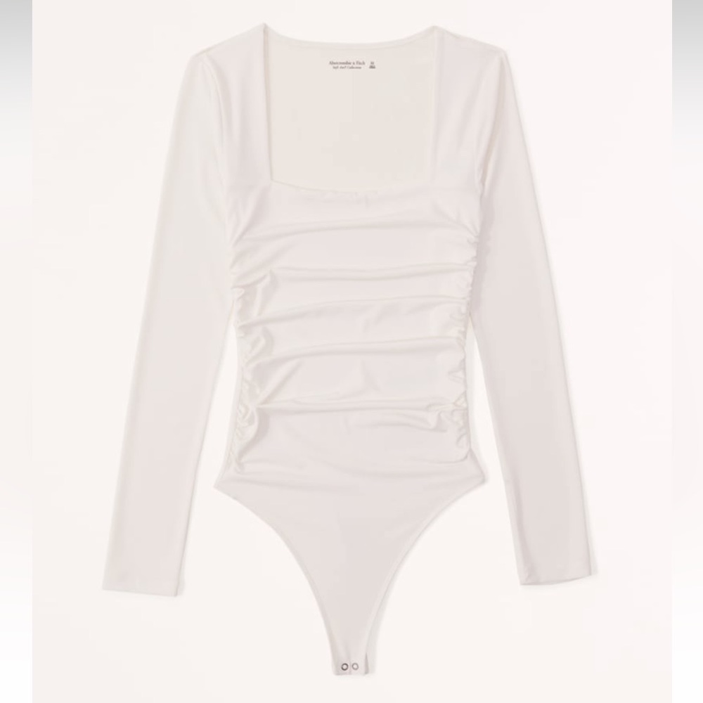 Abercrombie and Fitch Long Sleeve Ruched Squareneck Bodysuit, White, Medium